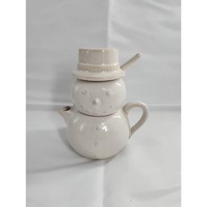 Ceramic Snowman Stacking Sugar Bowl and Creamer, With Spoon 5.75”